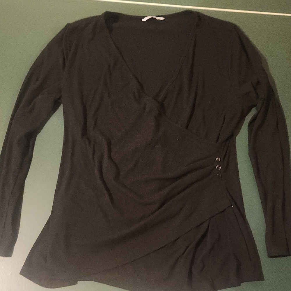 Black Long Sleeve V-Neck Wrap Blouse